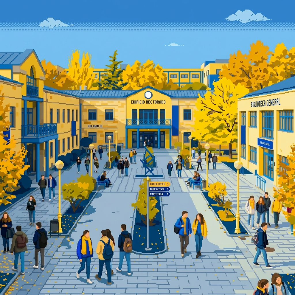 University campus courtyard with students walking and autumn trees